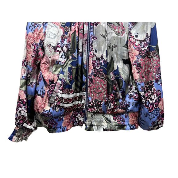 Chicos Wmns Reversible Floral Print Silky Bomber Jacket Full Zip Measures Large - Picture 5 of 12